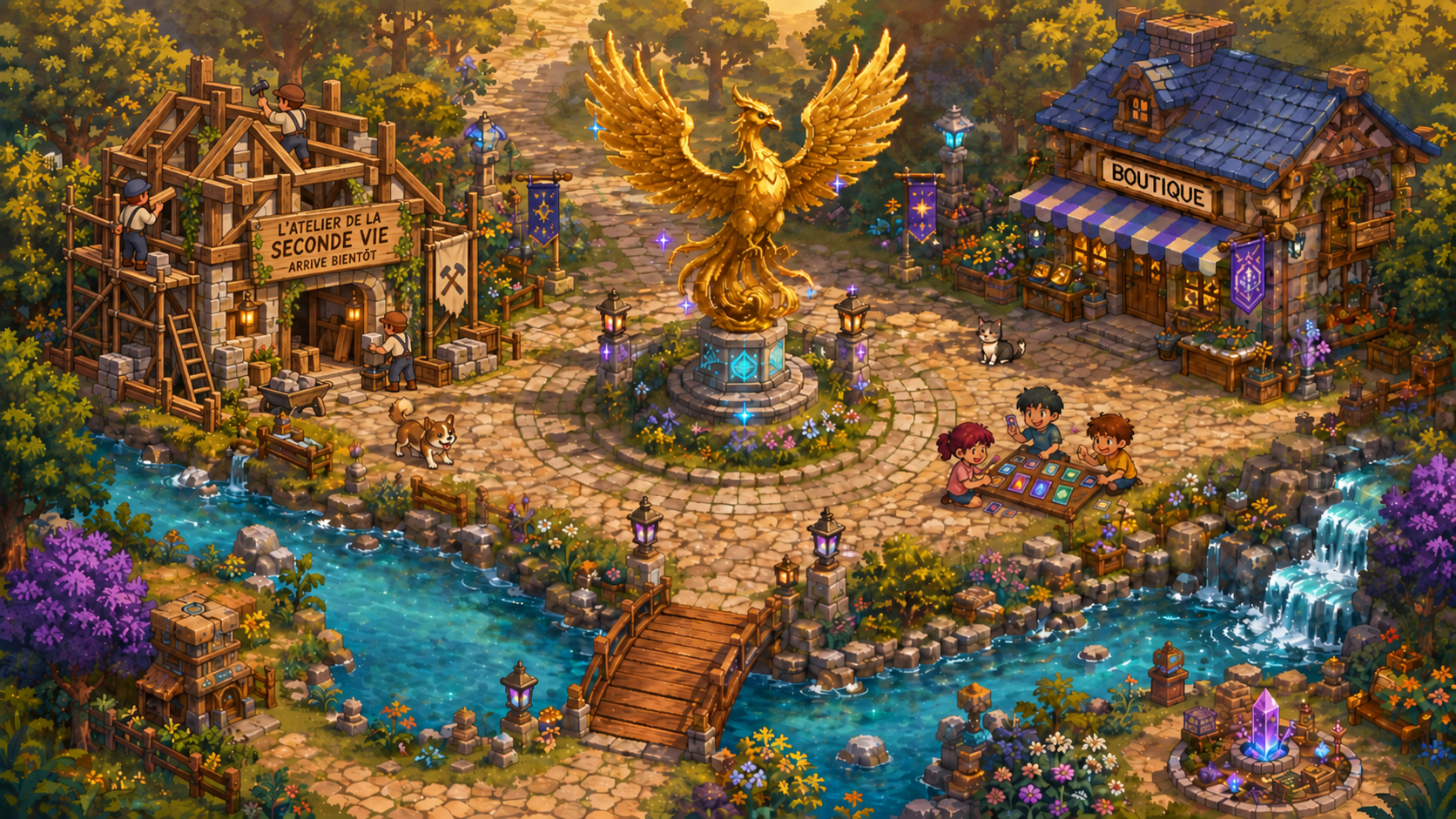 Place de village fantastique Poké'Artiz avec sa boutique, l’Atelier de la Seconde Vie en construction et son phénix doré